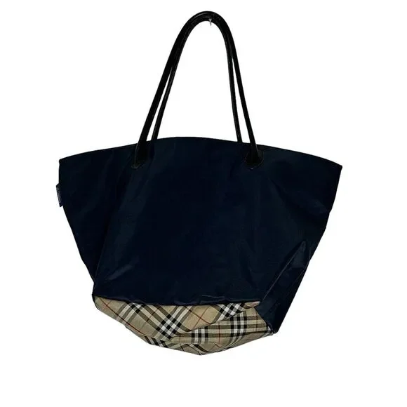 Burberrys Nova Check Blue Label Tote Bag Nylon Navy Blue - Picture 2 of 12